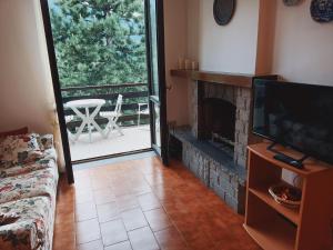 a living room with a television and a fireplace at Appartamento incantevole a Sestola in Sestola