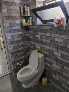 a bathroom with a toilet and a brick wall at Частный дом Ленкорань in Lankaran