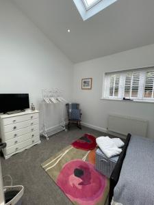 a bedroom with a bed and a tv and a rug at Selwood Cottage Annex in Frome