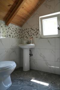 baño con aseo y lavabo y ventana en Guesthouse Skender Selimaj, en Valbonë