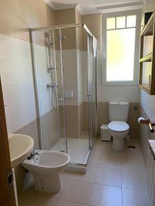 a bathroom with a shower and a toilet and a sink at Apartamentos Somo1 in Somo