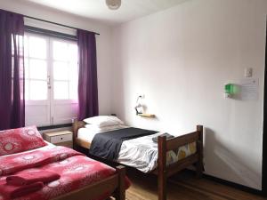 1 dormitorio con 2 camas y una ventana con cortinas moradas en Hostal Vitalia, en Santiago