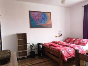 Un dormitorio con una cama roja y una pintura en la pared en Hostal Vitalia, en Santiago