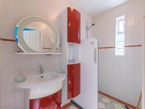 a bathroom with a sink and a mirror and a refrigerator at De Spannevogel in Eibergen +29 photos