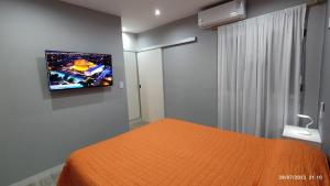 1 dormitorio con 1 cama y TV en la pared en Departamento Norte Pueyrredon en Santa Lucía