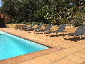 Castillo de AroにあるElegant Villa in Platja d Aro Catalonia with Poolのスイミングプールの横のラウンジチェア