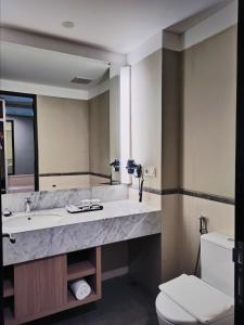 ein Badezimmer mit einem Waschbecken, einem WC und einem Spiegel in der Unterkunft eL Hotel Banyuwangi in Banyuwangi