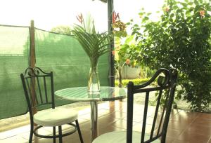 Sol Pacifico Lodge في Cascajal: طاولة و كرسيين و مزهرية على الفناء