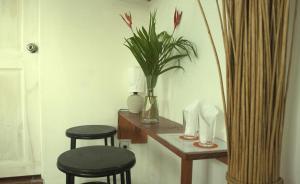 Sol Pacifico Lodge في Cascajal: غرفة بها كرسيين وطاولة بها نبات
