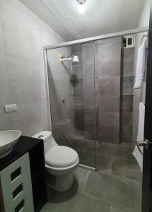 a bathroom with a shower and a toilet and a sink at Andy's House in San Cristóbal