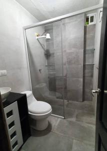 uma casa de banho com um chuveiro, um WC e um lavatório. em Andy's House em San Cristóbal