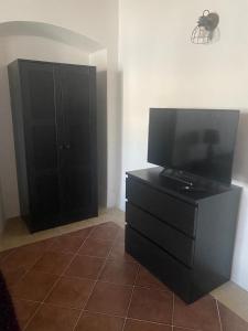 a living room with a tv and a black dresser at Apartmány Vila Lucia 1 in Pilsen