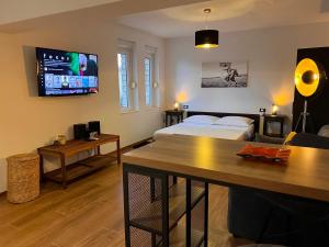 a living room with a bed and a tv at Blue View Studio in Opatija