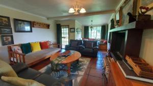 a living room with a couch and a fireplace at Apple Blossom Cottage in Dullstroom