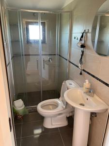 a bathroom with a shower and a toilet and a sink at Hotel Ballkan Shkoder in Shkodër +25 photos