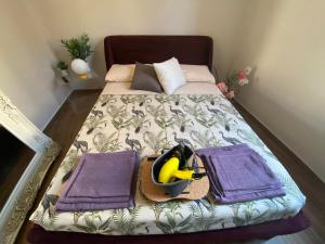 ein Bett mit zwei lila Handtüchern und einer Banane drauf in der Unterkunft LaCAsina Appartamento delizioso/nuovo Grosseto centro in Grosseto