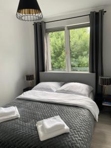 a bedroom with a large bed with a window at Apartament Malczewskiego in Kłodzko +4 photos