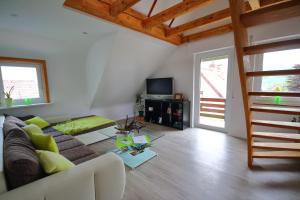 a living room with a couch and a tv at Ferienwohnung (R)Auszeit in Wildemann