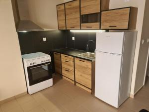 a kitchen with a white refrigerator and wooden cabinets at Urban City Apartments in Xylokastro