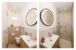 ザントフォールトにあるAmsterdam Beach Apartment 52の洗面台と鏡付きのバスルームの写真2枚