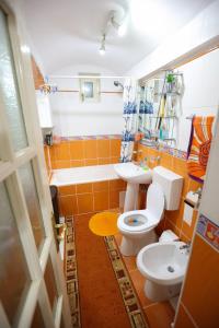 La salle de bains est pourvue de toilettes, d'un lavabo et d'une baignoire. dans l'établissement Casa Ianna, à Sibiu