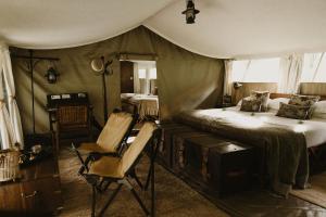 a bedroom with a bed and a chair in it at Serengeti Pioneer Camp in Mugumu +20 photos