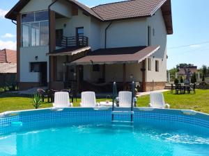 a house with a swimming pool in front of a house at Pensiunea Casa Nușa in Baia de Fier