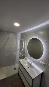 La salle de bains est pourvue d'un lavabo, d'un miroir et d'une douche. dans l'établissement Apartamento Palacio de los Toledo, à Corella