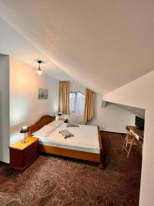um quarto com uma cama grande e uma secretária em Vila Alsace Podu' cu Lanturi em Bacau
