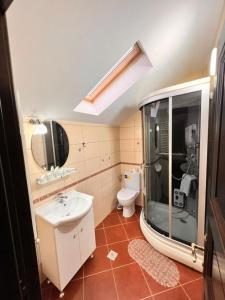 een badkamer met een douche, een wastafel en een toilet bij Vila Alsace Podu' cu Lanturi in Bacău