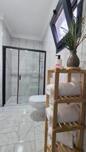 een badkamer met een douche, een toilet en handdoeken bij Villa Koyuncu in Dalaman