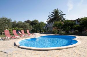 a small swimming pool with chairs and a palm tree at Family friendly apartments with a swimming pool Mundanije, Rab - 5076 in Rab