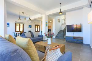 Villa Salina في Lyso: غرفة معيشة مع أرائك زرقاء وتلفزيون