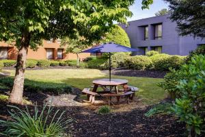 a picnic table and an umbrella in a yard at Clarion Inn Asheville Airport in Fletcher