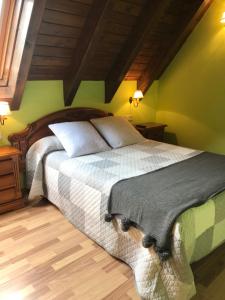 a bedroom with a large bed with green walls at Hotel Saueth in Tredós