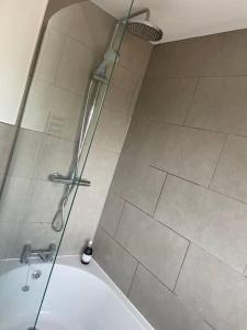 a shower with a glass door in a bathroom at Tweed Cottage 4 Fenton Hill in Wooler