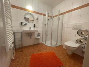 a bathroom with a shower and a toilet and a sink at Pension Göschlberger in Mondsee +56 photos