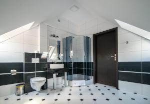 La salle de bains est pourvue de toilettes, d'un lavabo et d'une douche. dans l'établissement Hotel Biały Domek, à Wałcz