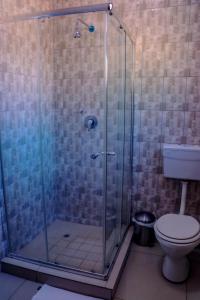 a bathroom with a glass shower with a toilet at Amariah Guesthouse - Kazungula in Kasane