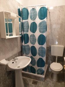 y baño con lavabo, aseo y cortina de ducha. en Apartments and rooms with parking space Metajna, Pag - 4120, en Metajna