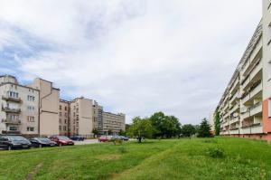 een grasveld in een stad met gebouwen en auto's bij Pomorska Rooms in Łódź