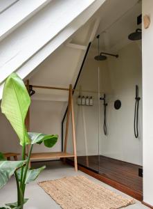 a bathroom with a glass shower in a attic at Van Heeckeren Apartments & Suites Nes in Nes