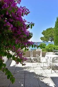 a bush with purple flowers on a patio with tables and chairs at Hotel Pace in Sirmione