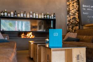 a living room with cardboard boxes and a fireplace at Bever Lodge in Bever