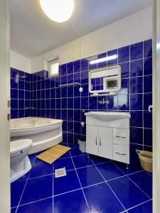 baño de azulejos azules con bañera y lavamanos en Anton Pann House - Entire house below the citadel en Sighişoara