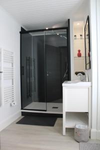 a bathroom with a glass shower and a sink at Appart-Hôtel-Darney in Darney