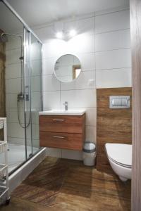 a bathroom with a shower and a sink and a toilet at Wiking in Kretowiny +159 photos