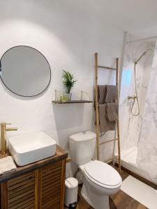 La salle de bains est pourvue de toilettes, d'un lavabo et d'un miroir. dans l'établissement Bonnieux : Loft - La pause, à Bonnieux