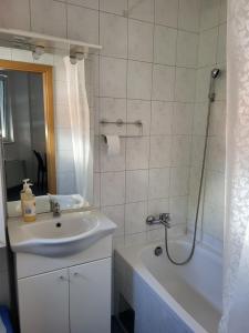 a bathroom with a sink and a shower and a tub at Guest House Talas in Osijek