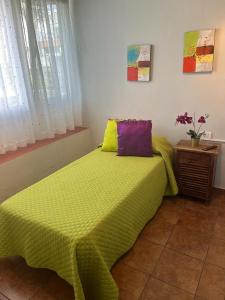 コスタ・デル・シレンチオにあるResidencial Primaveraの緑色のベッド(枕、テーブル付)が備わるベッドルームです。
